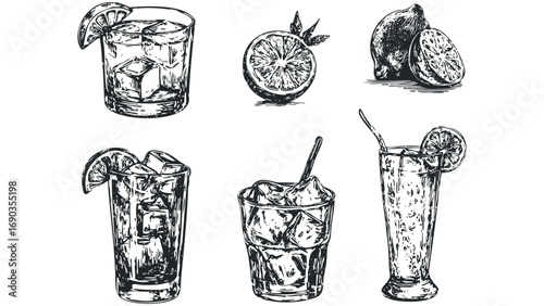 Hand Drawn Cocktails with Citrus and Ice, Transparent File. Vector hand drawn illustration