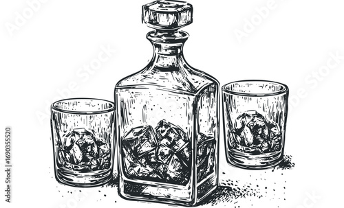 Glass decanter and two tumblers filled with ice. Vector hand drawn illustration