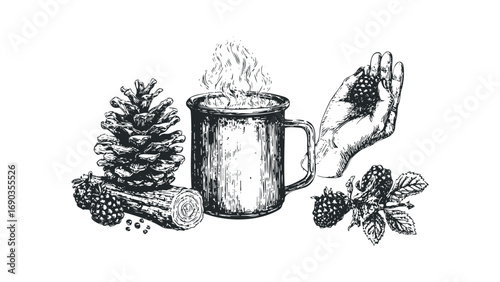 Hand holding ripe blackberries near steaming mug and pine cone. Vector hand drawn illustration