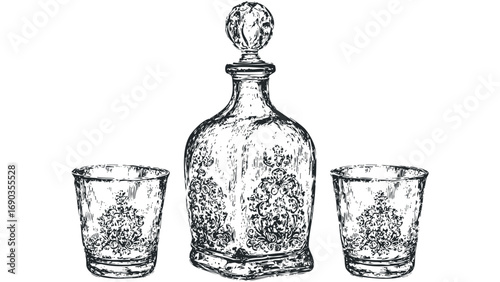 Glass decanter and two tumblers with ornate etched decoration. Vector hand drawn illustration