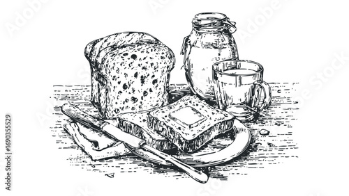 Hand drawn sketch of sliced bread, buttered toast, milk jar, and glass. Vector hand drawn illustration
