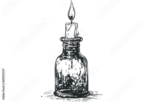 Sketch of a lit candle in a glass bottle. Vector hand drawn illustration