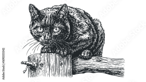Detailed ink drawing of a domestic cat perched on a rough wooden post. Vector hand drawn illustration