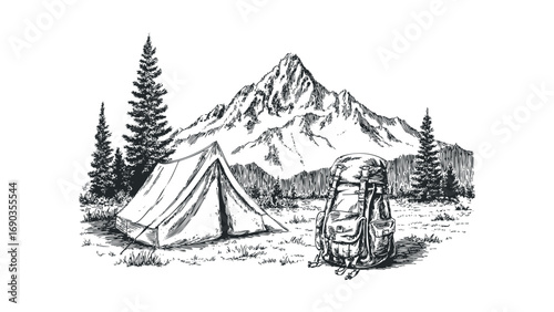 Vintage camping tent and backpack against majestic mountain and pine trees landscape. Vector hand drawn illustration