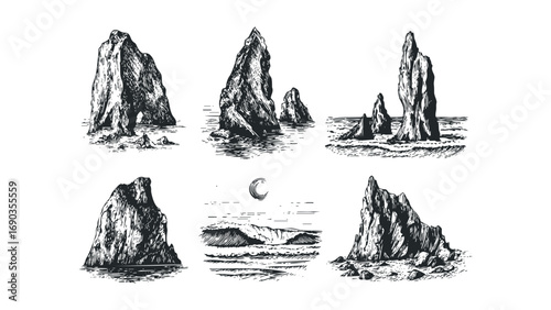 Engraved rock formations and waves on transparent background. Vector hand drawn illustration