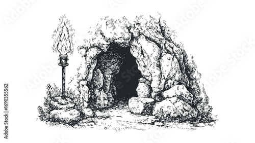 Engraved cave entrance with flaming torch and rocks. Vector hand drawn illustration