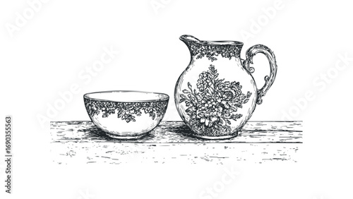 Sketch of antique porcelain pitcher and bowl with floral motifs on wooden planks. Vector hand drawn illustration