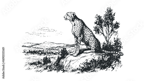 Sketch of a Cheetah Sitting on a Hillside in a Landscape. Vector hand drawn illustration