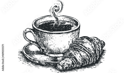 Hot steaming cup of coffee with croissant on white. Vector hand drawn illustration