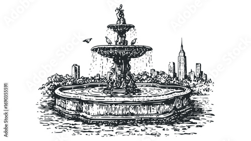 Sketch of a multi-tiered fountain with birds and distant city skyline. Vector hand drawn illustration