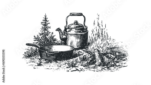 Campfire cooking with kettle and pan on transparent background. Vector hand drawn illustration