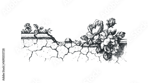 Floral embellishment on cracked stone texture. Vector hand drawn illustration