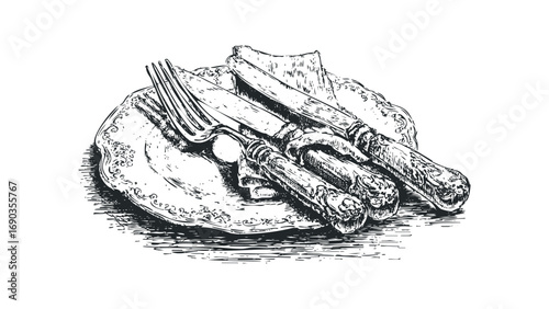 Ornate cutlery resting on a decorative plate, graphic. Vector hand drawn illustration