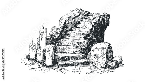 Hand drawn stone stairs with lit candles on transparent background. Vector hand drawn illustration
