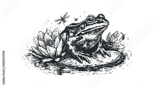Ink drawing of a frog perched on a lily pad with lotus flowers and dragonflies. Vector hand drawn illustration
