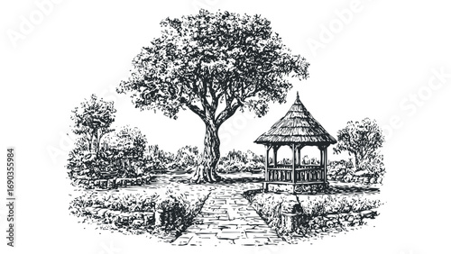 Pen sketch of a gazebo in a garden with a tree and pathway. Vector hand drawn illustration