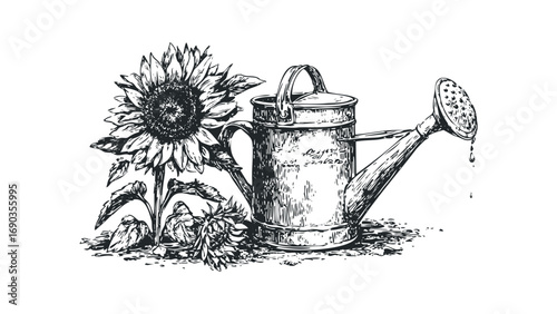 Detailed illustration of a watering can beside a sunflower and other flowers on a transparent. Vector hand drawn illustration