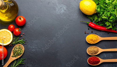 Fresh ingredients arranged on dark slate surface for culinary presentation