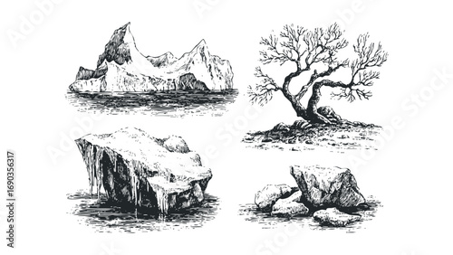 Sketch of large iceberg and barren tree on transparent background. Vector hand drawn illustration