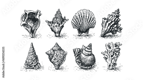 Collection of Assorted Seashells and Coral. Vector hand drawn illustration