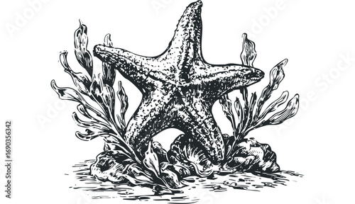 Detailed sketch of a starfish resting among seaweed and rocks on a white background. Vector hand drawn illustration