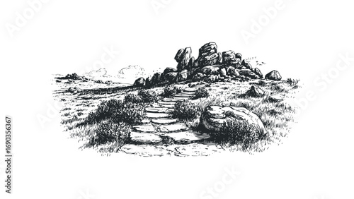 Stone Pathway Through Grassy Landscape with Rocks and Birds. Vector hand drawn illustration
