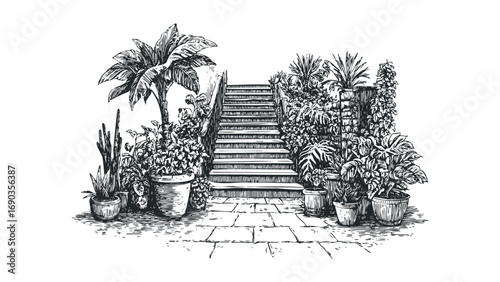 Hand drawn sketch of lush potted plants and outdoor stairs. Vector hand drawn illustration