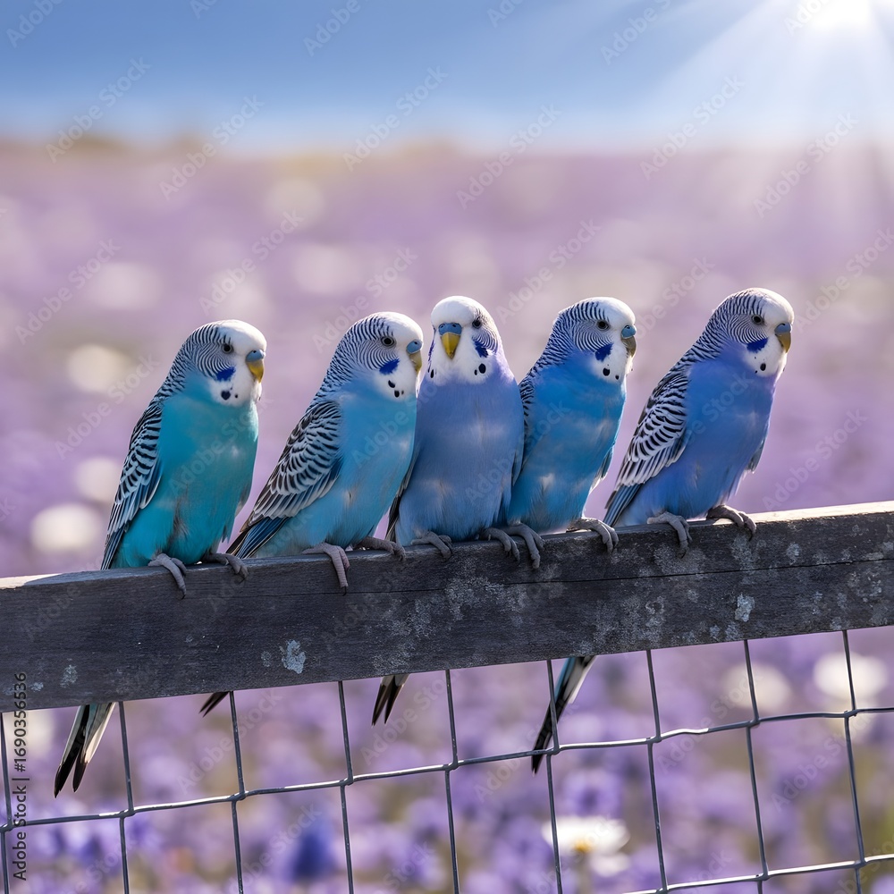 Obraz premium Charming flock of vibrant blue parakeets perched peacefully on a rustic fence in a sunny lavender field
