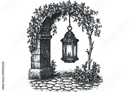 Vintage stone archway with hanging lantern and overgrown vines on cobblestone path. Vector hand drawn illustration