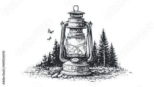 Vintage kerosene lantern with butterflies and pine trees. Vector hand drawn illustration