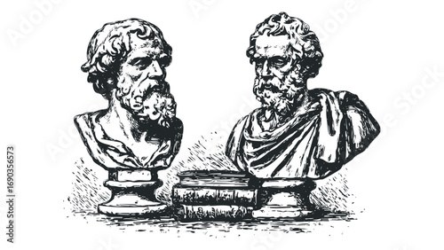 Ancient Greek Philosopher Busts with Stacked Books. Vector hand drawn illustration