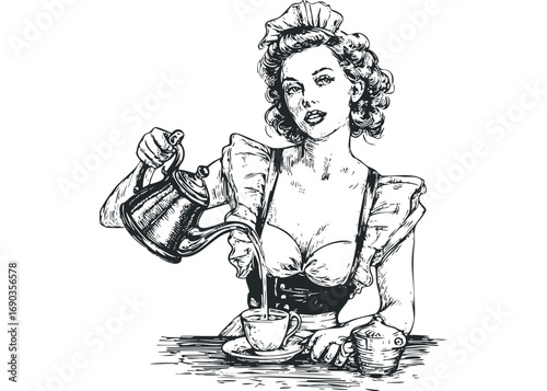 Vintage maid pouring coffee into cup on white. Vector hand drawn illustration