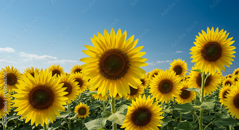 Obraz premium Beautiful sunflower field under clear blue sky