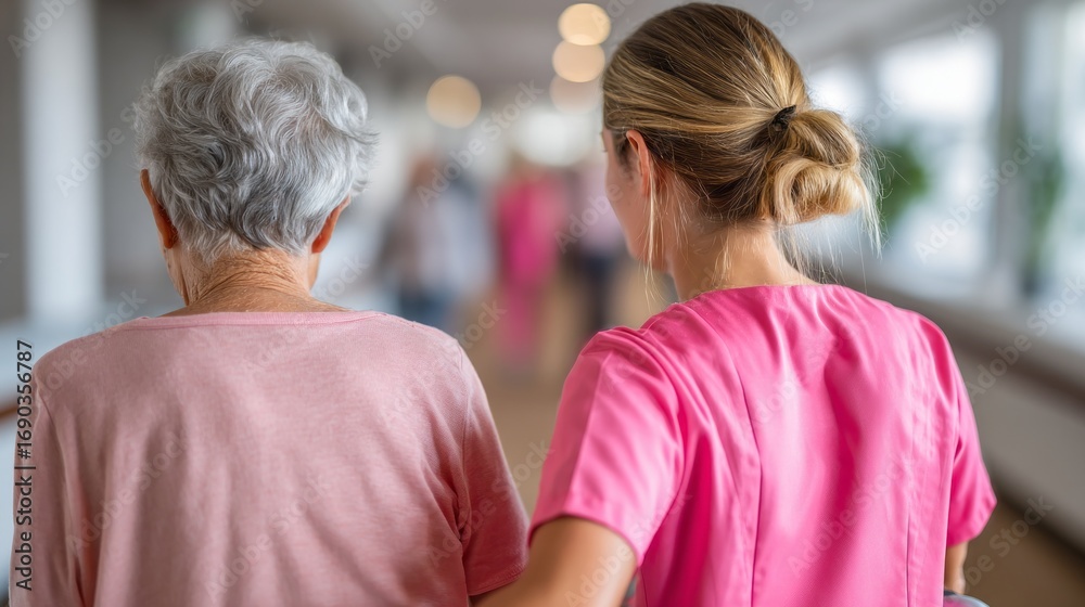 Naklejka premium Nurse assists older woman in healthcare setting during a supportive moment of care and guidance