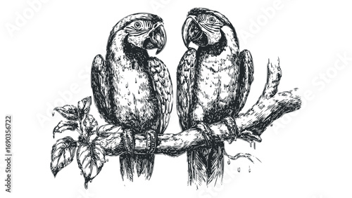 Two macaws perched on a branch image with transparent background. Vector hand drawn illustration