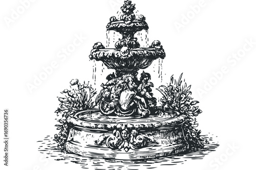 Ornate tiered fountain with cherubs and foliage. Vector hand drawn illustration