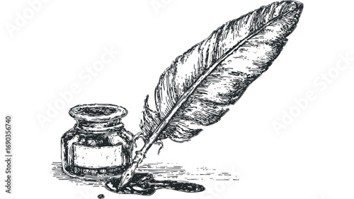 Pen and ink bottle, vintage writing tool, isolated on transparent background. Vector hand drawn illustration