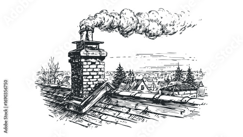 Old brick chimney emitting smoke over rooftops line drawing. Vector hand drawn illustration