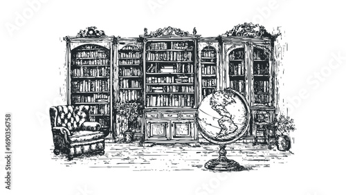 Vintage library interior with globe and armchair, ink sketch on transparent background. Vector hand drawn illustration