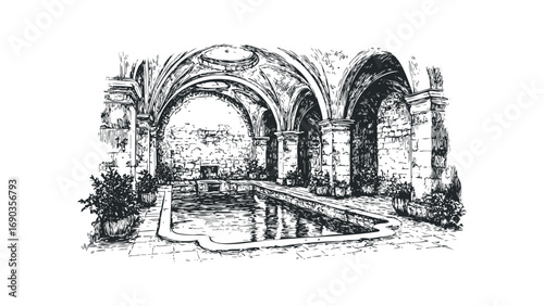 Architectural sketch of a courtyard with arched walkways and a fountain. Vector hand drawn illustration