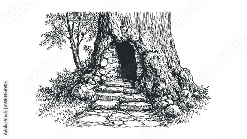 Stone steps leading to a hidden doorway within an ancient tree trunk. Vector hand drawn illustration