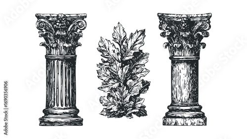 Classical Corinthian columns and foliage ornamental divider. Vector hand drawn illustration