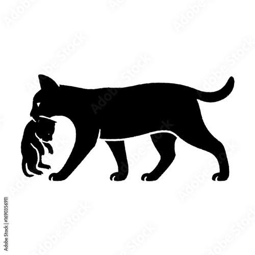 Mother cat carrying her kitten in her mouth a tender moment of maternal care silhouette isolated on white background