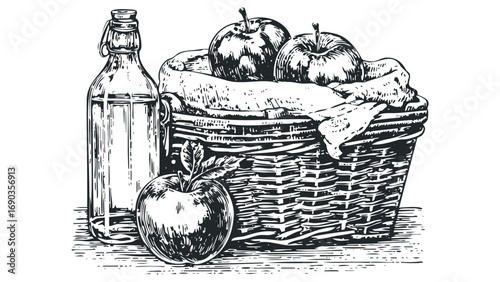 Still life of a woven basket overflowing with apples beside a glass bottle. Vector hand drawn illustration