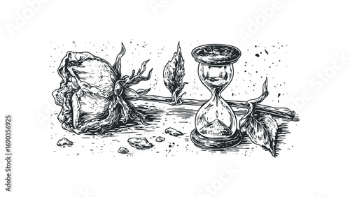 Wilted Rose and Hourglass Illustration. Vector hand drawn illustration