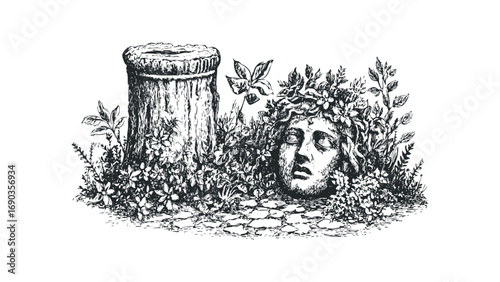Ancient stone head emerging from dense foliage with tree stump and cobblestone path. Vector hand drawn illustration