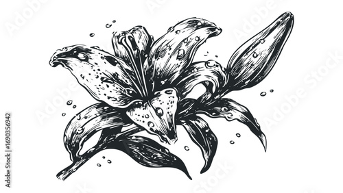Detailed ink sketch of a blooming lily with water droplets. Vector hand drawn illustration