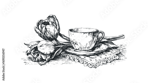 Sketch of tulips and teacup on lace,. Vector hand drawn illustration