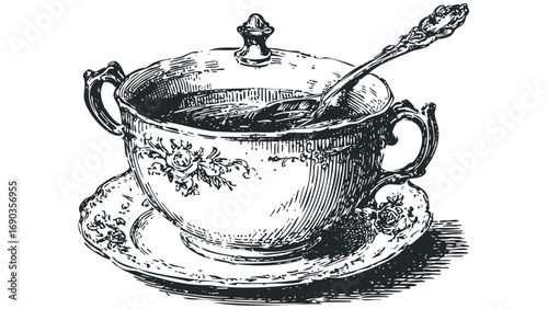 Ornate porcelain tea cup filled with liquid and spoon on saucer isolated. Vector hand drawn illustration