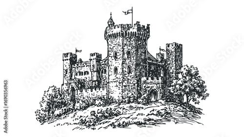 Sketchy Medieval Castle on Hill with Trees. Vector hand drawn illustration
